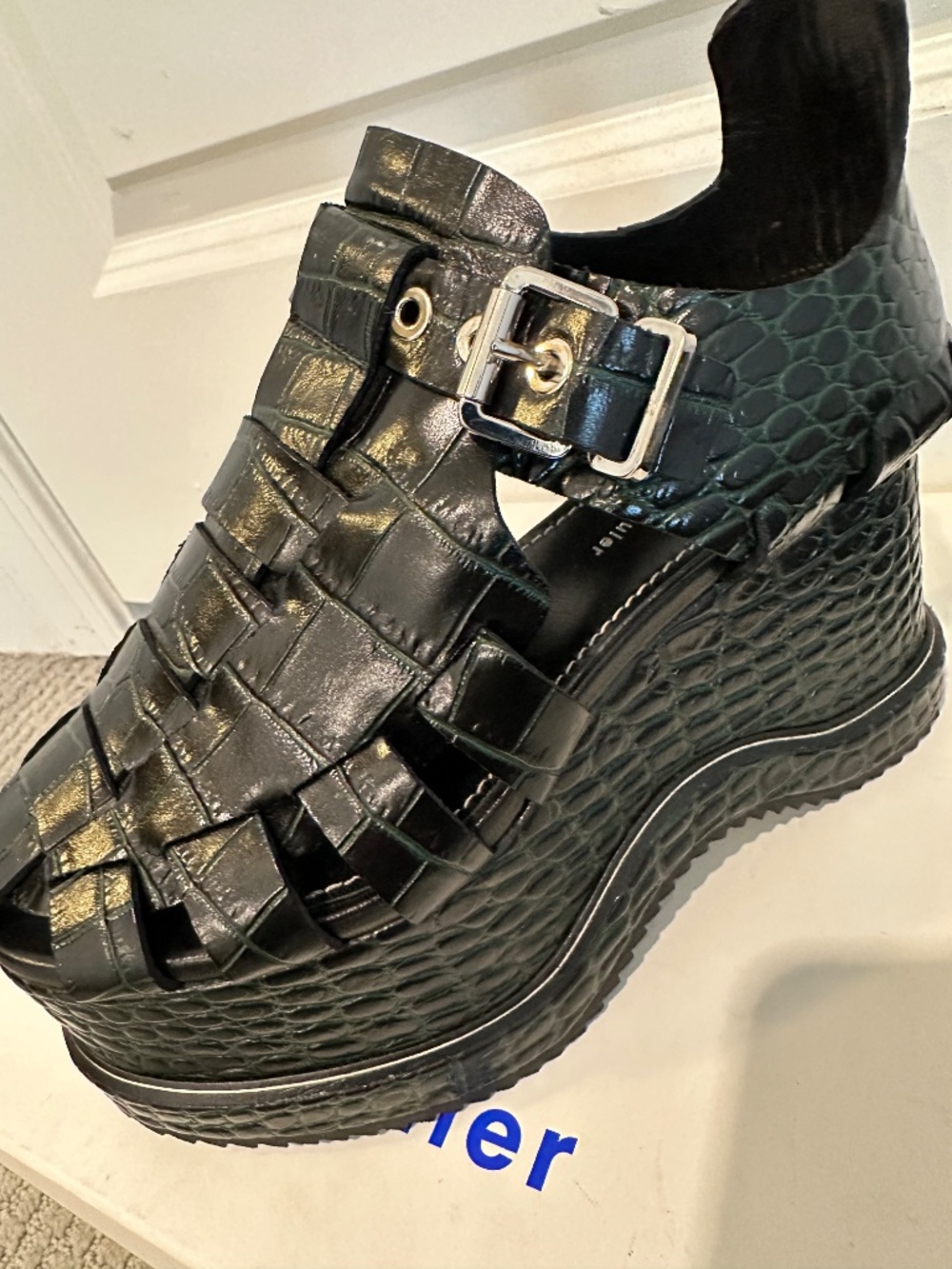 PROENZA SCHOULER NEW Black/Green Embossed-Croc Platform Leather Sandals Size 38
